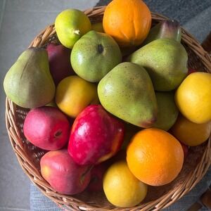Vintage Style Realistic Faux Fruit Assortment in Woven Wicker Basket Centerpiece